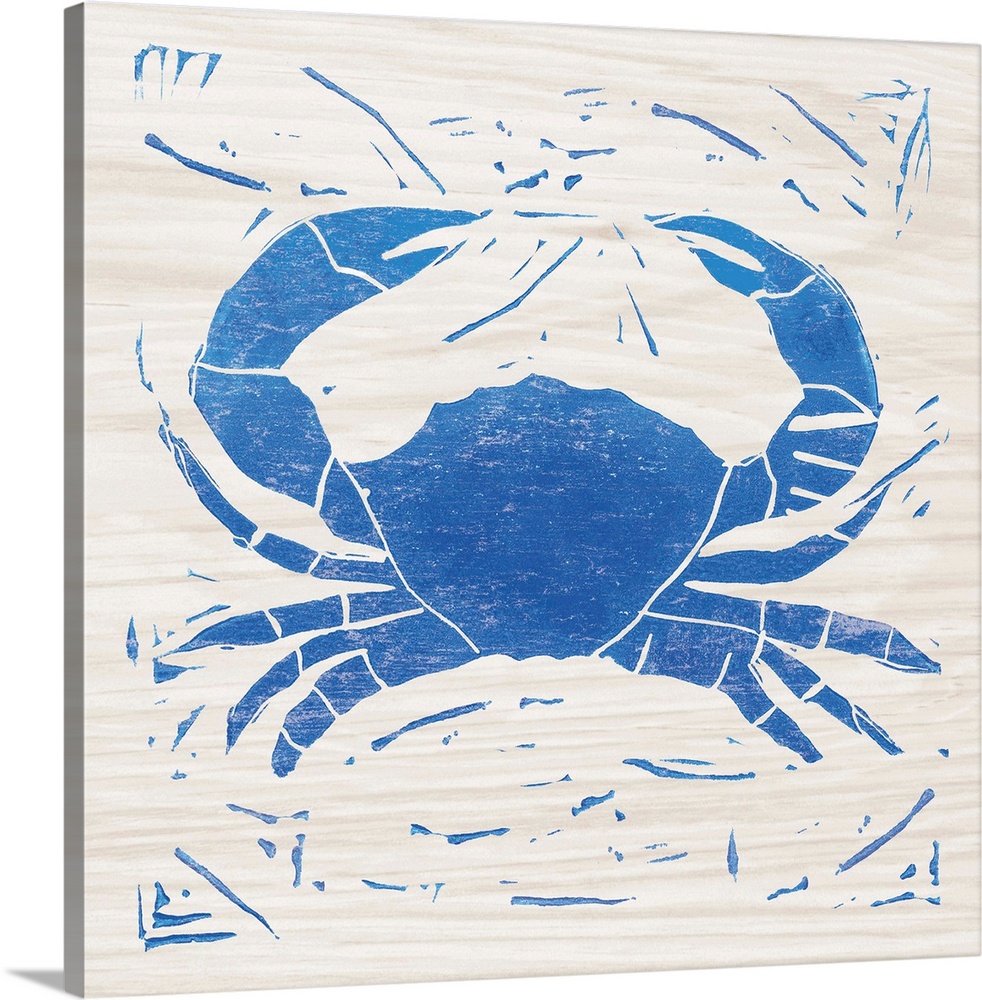 Blue woodcut-style crab print on wood.