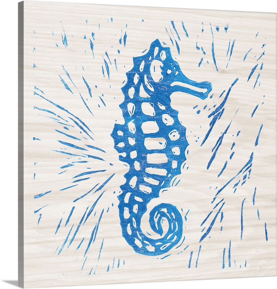Blue woodcut-style seahorse print on wood.