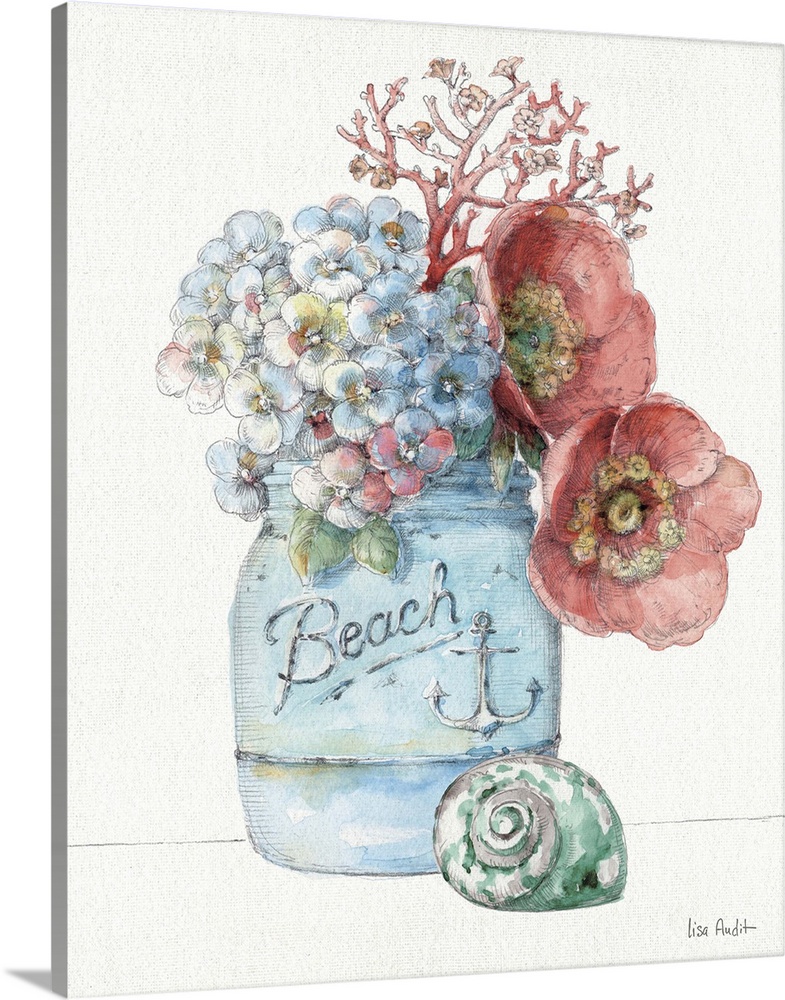 Watercolor artwork of flowers in a mason jar with a seashell sitting next to it.