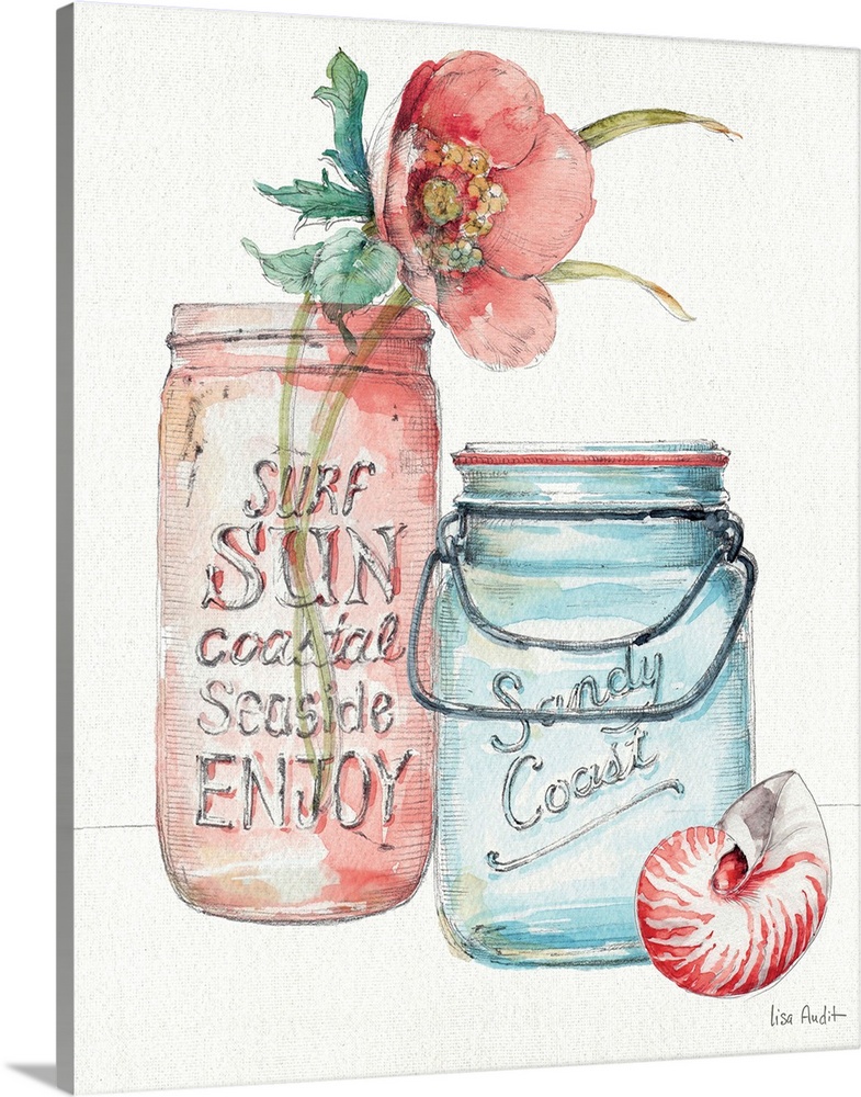 Watercolor artwork of a flower in a mason jar with a seashell sitting next to it.
