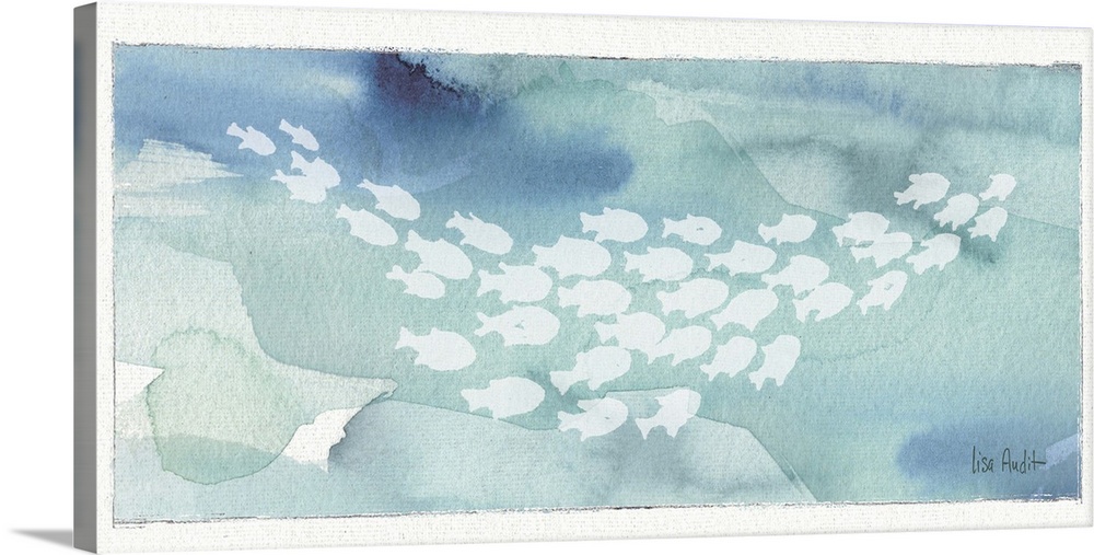 Watercolor painting of a school of fish against a light blue background.