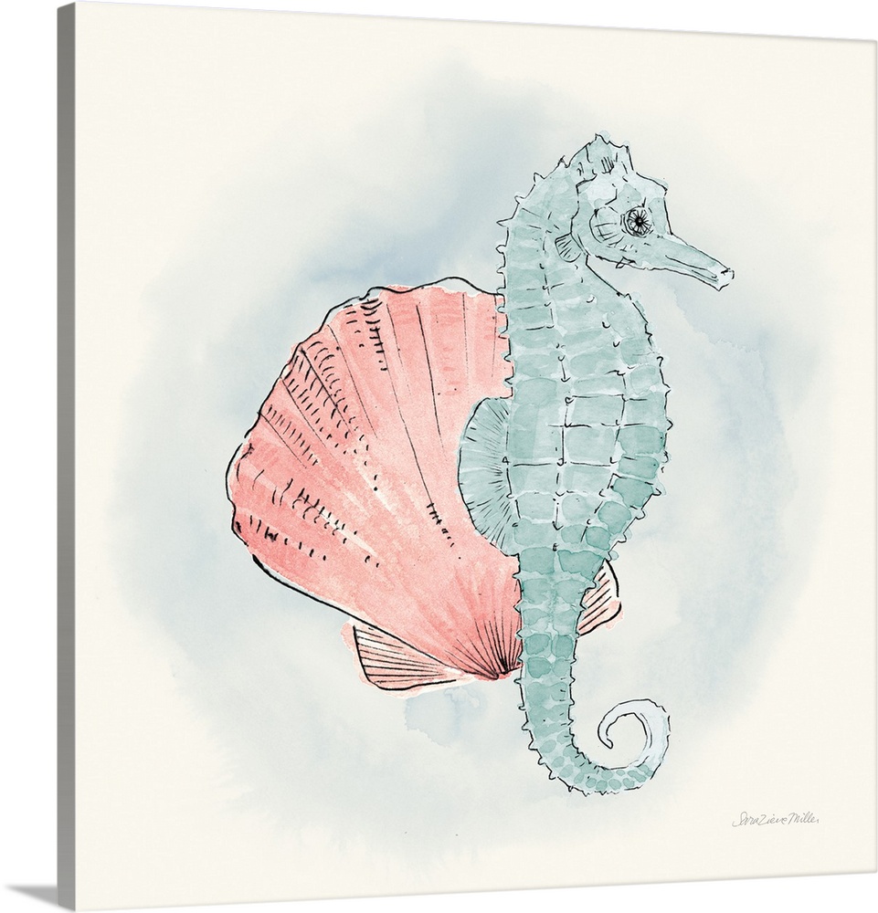 Decorative artwork of an illustrated seahorse with a seashell.