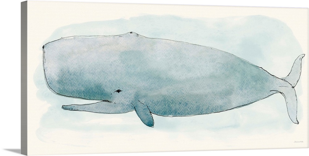 Decorative artwork featuring an illustrated blue whale against a watercolor background.