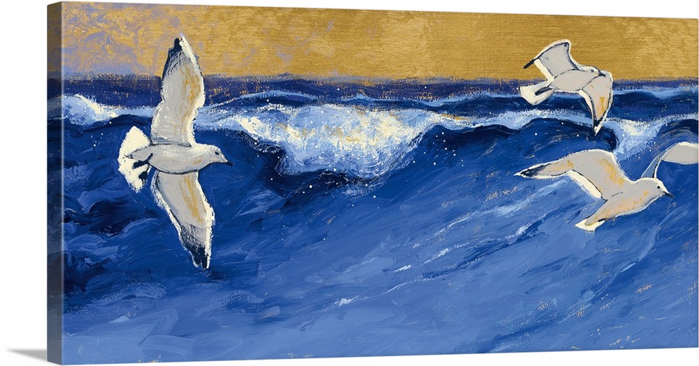 A contemporary painting of seagulls in flight over a choppy blue sea.
