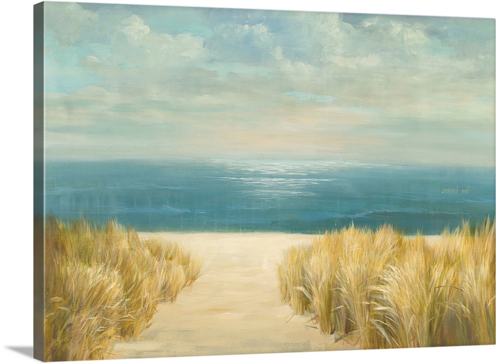 Contemporary seascape painting of a sandy beach with grasses at the edge of the ocean.
