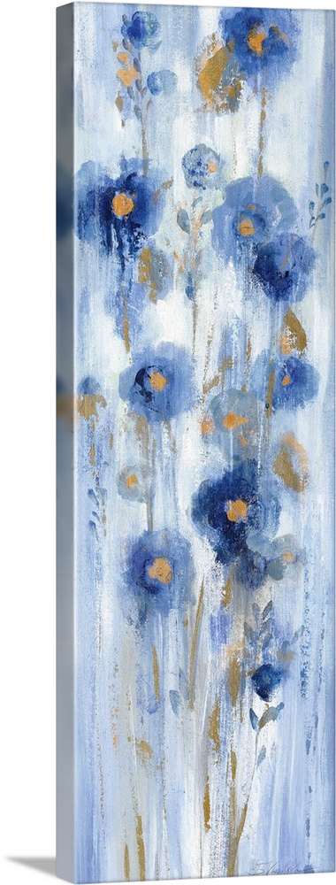 Long vertical abstract painting of blue flowers with accents of gold.