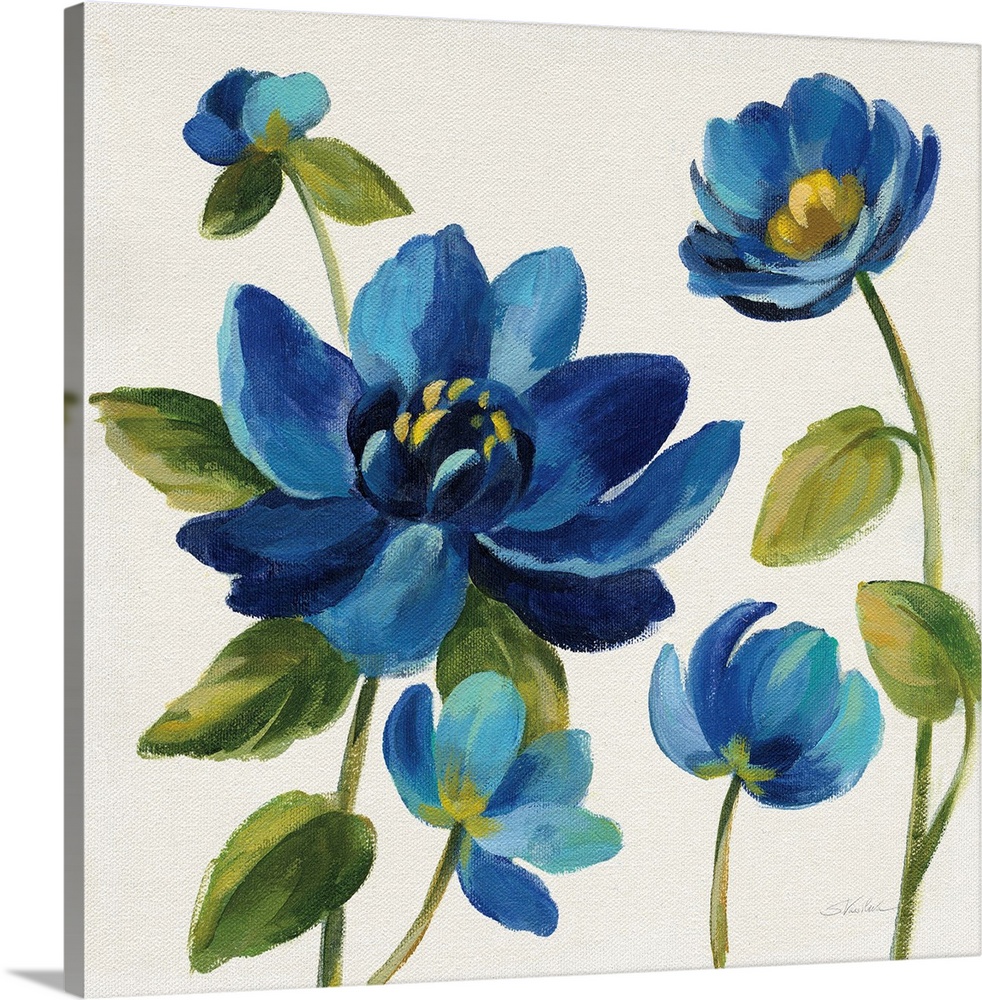 Square painting of blue flowers on an off white background.