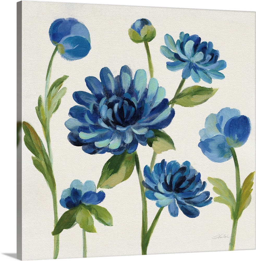 Square painting of blue flowers on an off white background.