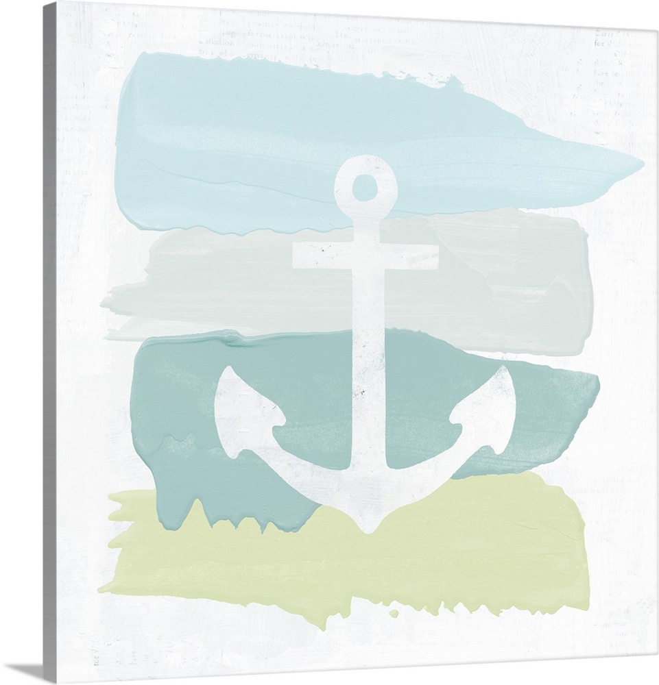 Square painting with stacked horizontal brushstrokes in soft ocean hues and a white silhouette of an anchor on top.