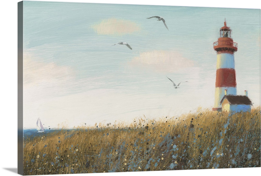 Contemporary painting of a lighthouse overlooking the ocean with three seagulls flying by.