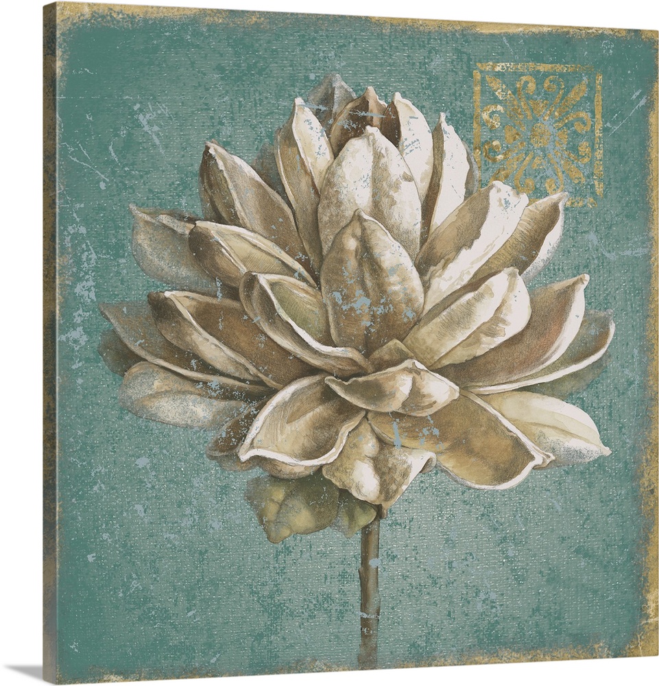 A square decorative artwork of a large white bloom with a distress overlay and gold accents.