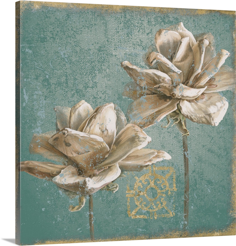 A square decorative artwork of two large white blooms with a distress overlay and gold accents.