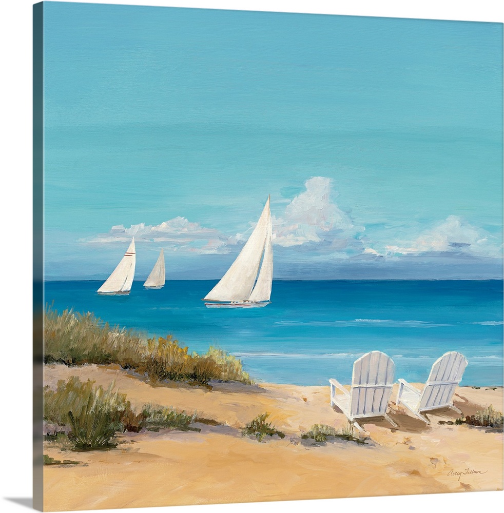 Large contemporary art shows a trio of sailboats traveling through the open waters of an ocean on a sunny day.  Within the...