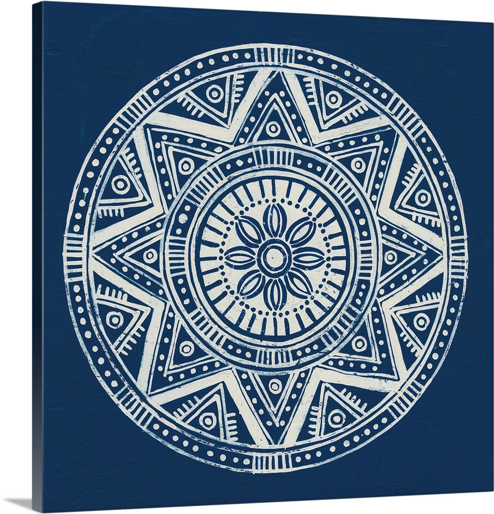 Square abstract art with a white symmetrically designed mandala on an indigo background.