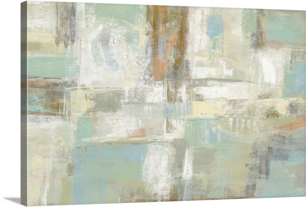 Abstract artwork featuring rectangular shapes in cool colors with a distressed textures.