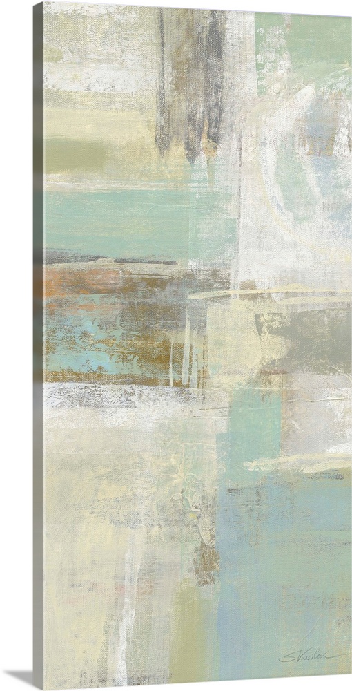 Vertical abstract painting of brush strokes in textured tones of blue, green and white.