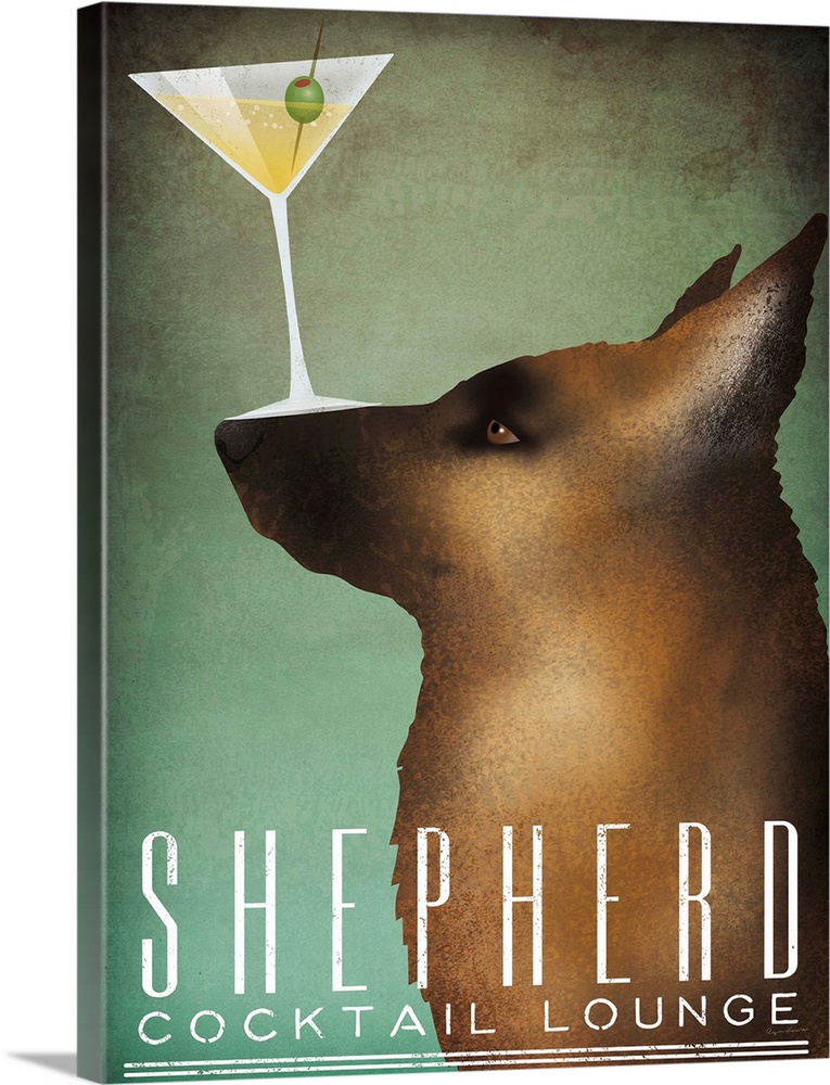 Illustration of a shepherd balancing a martini glass on its nose with "Shepherd Cocktail Lounge" written on the bottom.
