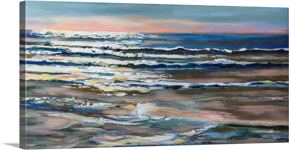 A landscape painting of waves on the ocean being caught by the sunlight