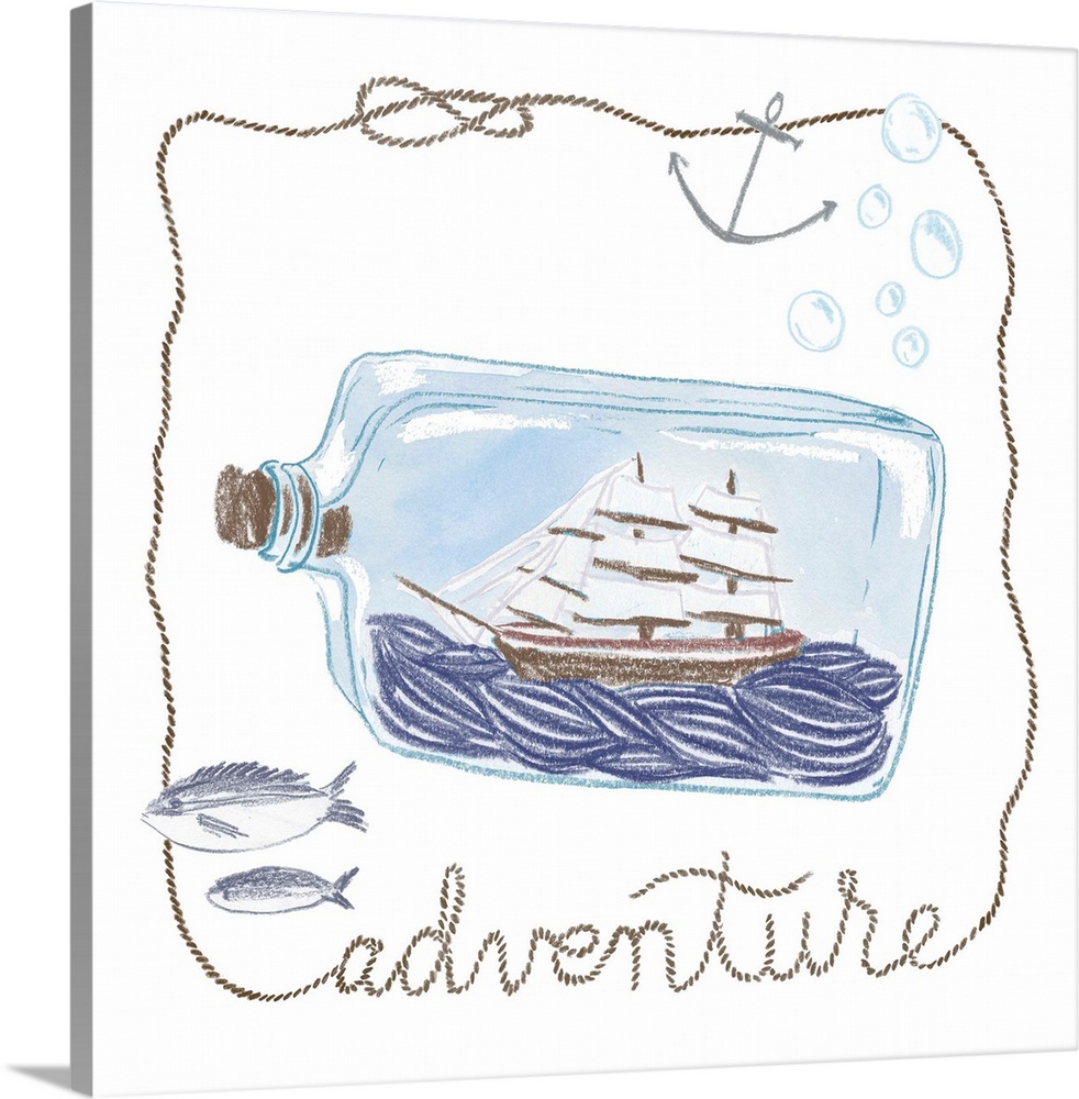 Illustration of a sailing ship in a bottle with a rope reading "Adventure."