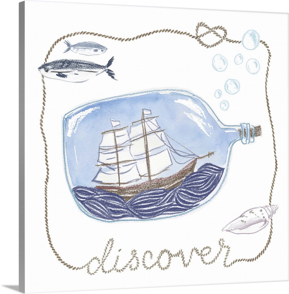Illustration of a sailing ship in a bottle with a rope reading "Discover."
