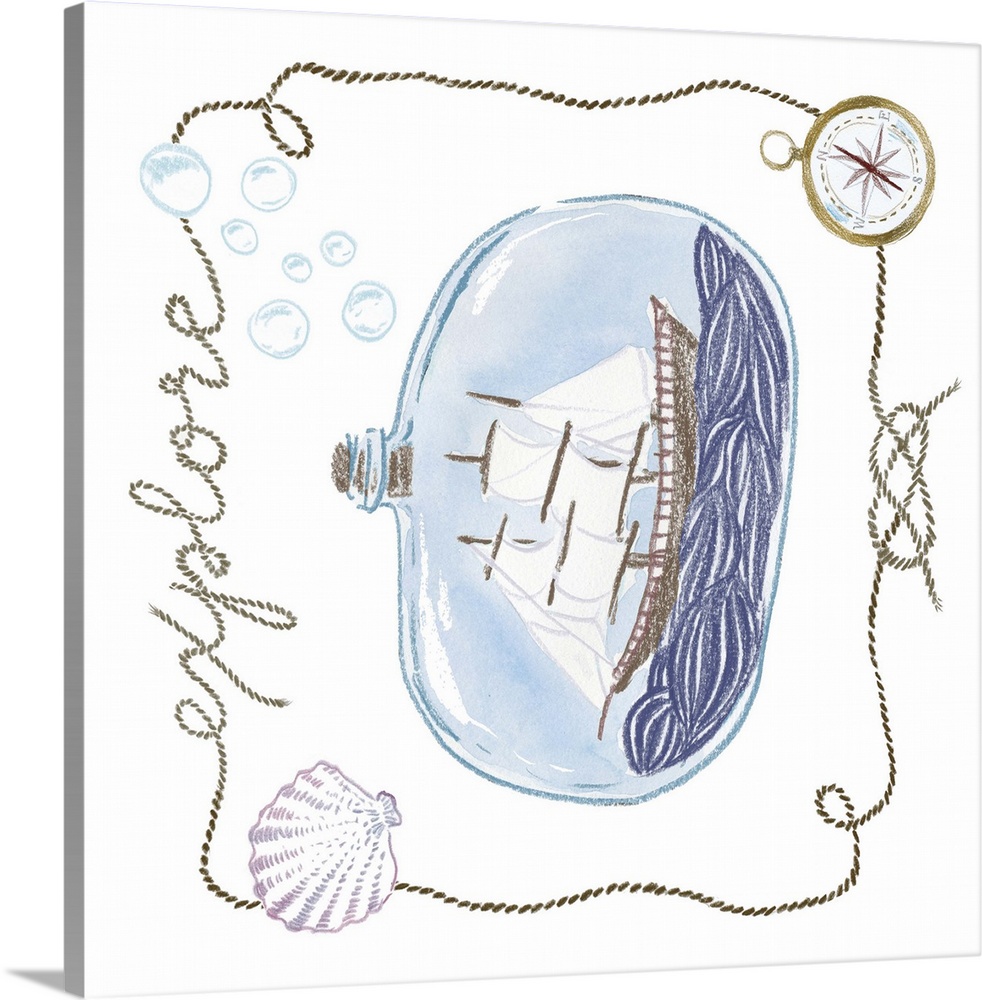 Illustration of a sailing ship in a bottle with a rope reading "Explore."