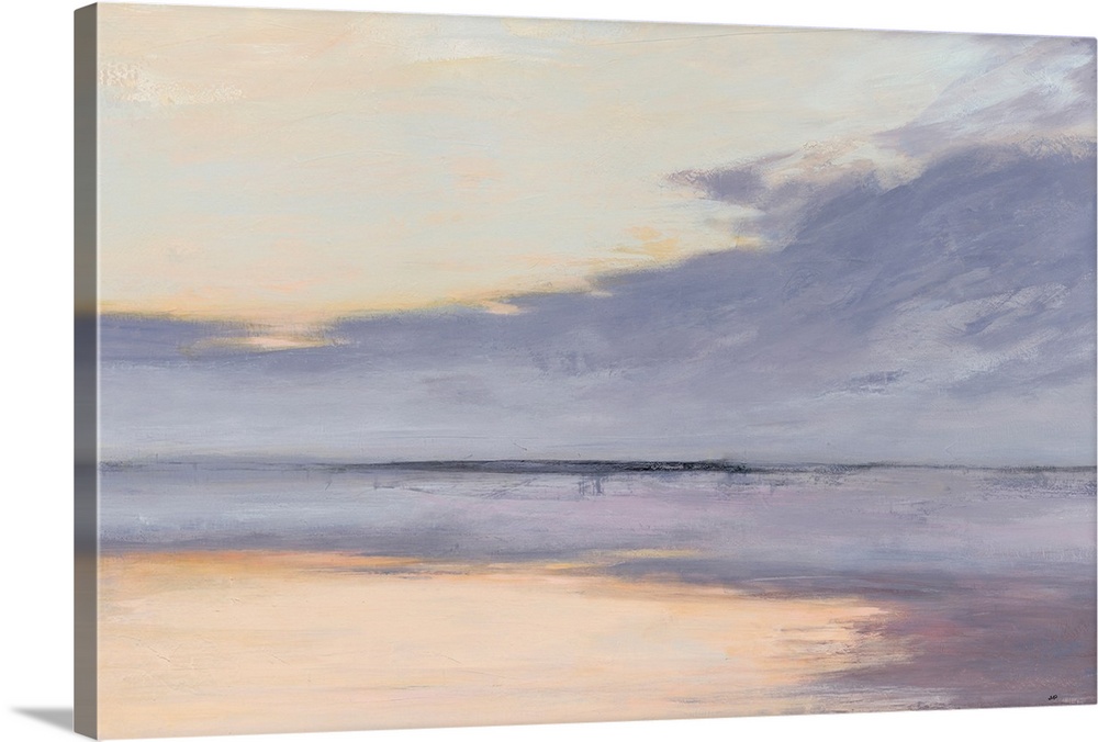 Contemporary abstract painting of an ocean shore with a reflecting horizon line in purple, pink, and blue.
