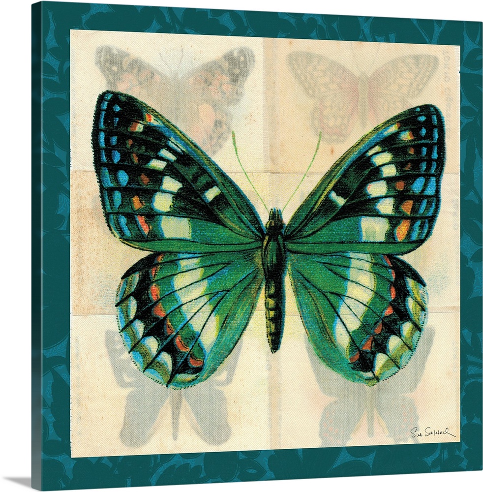 Contemporary artwork of a blue butterfly against a background of four faded butterflies. With a dark blue border.