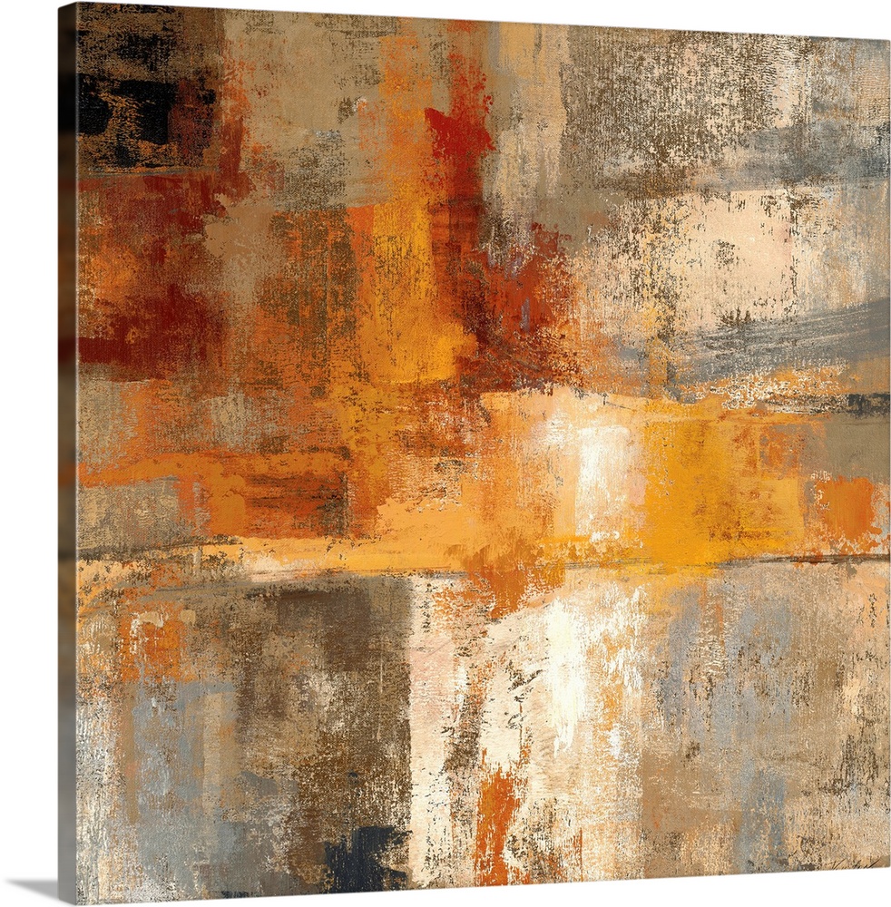 Contemporary abstract painting of multiple colors overlapping with distressed and eroded areas.
