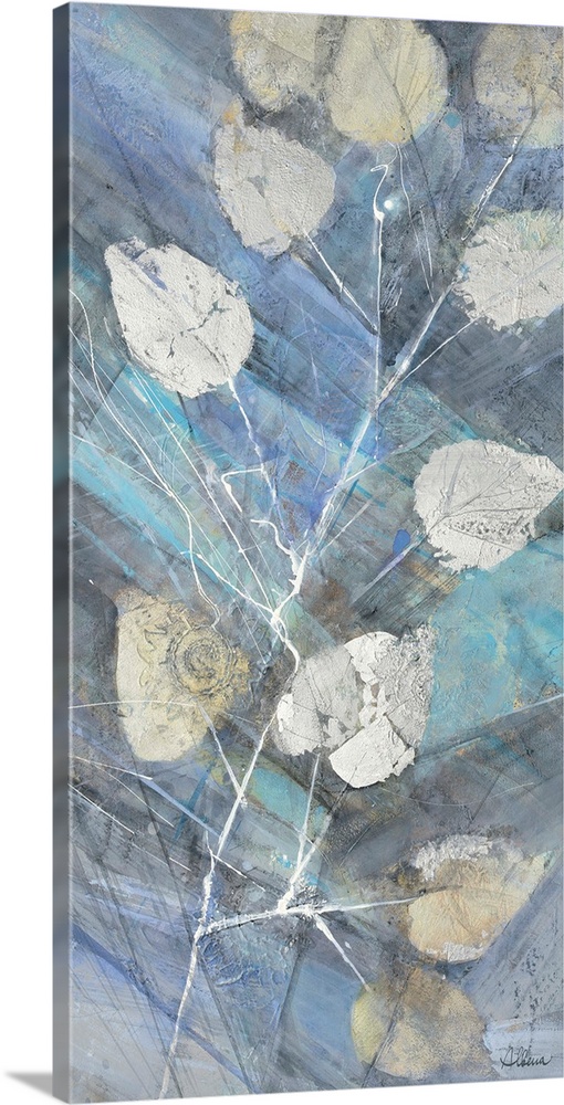 Contemporary artwork of silver leaves against a blue toned background.