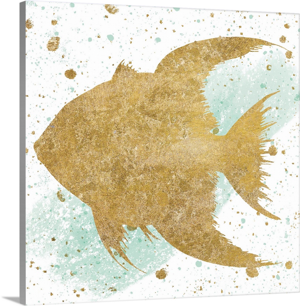 Square art with a metallic gold fish on a white and sea foam green background with gold and sea foam green paint splatter.