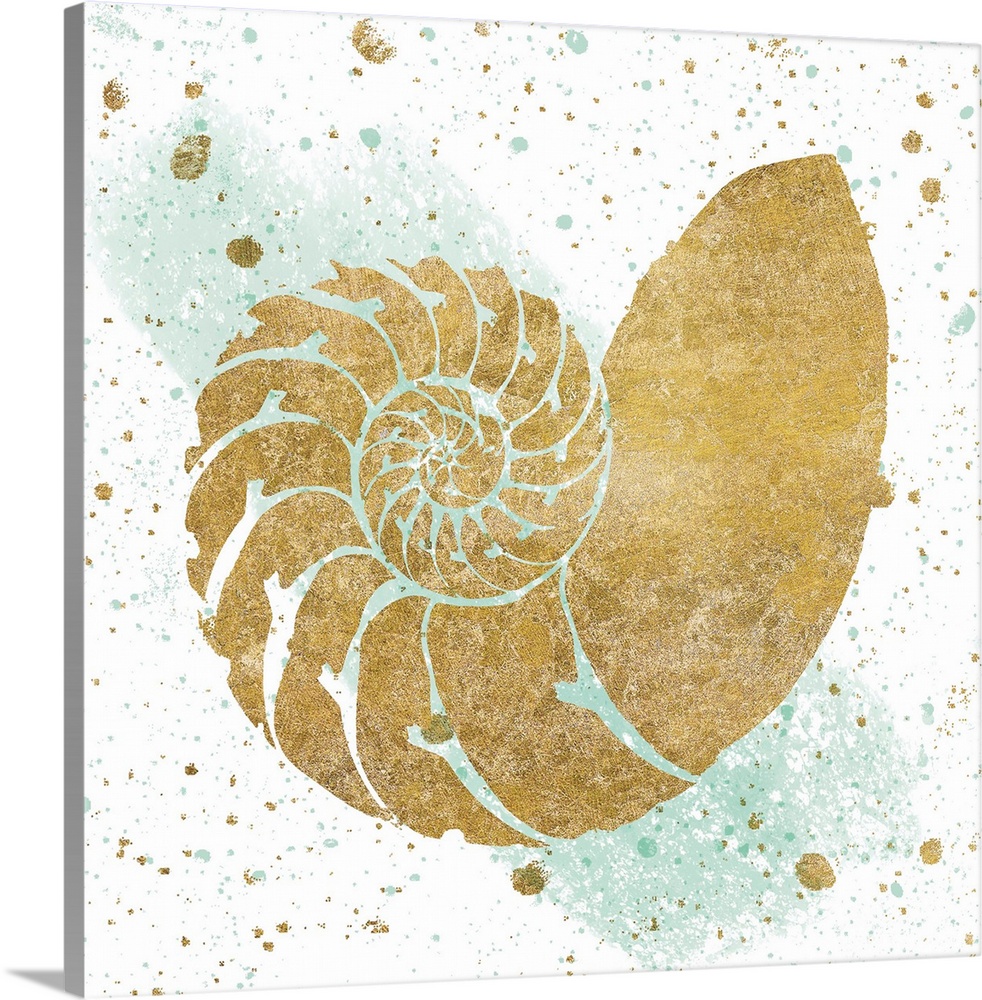 Square art with a metallic gold seashell on a white and sea foam green background with gold and sea foam green paint splat...