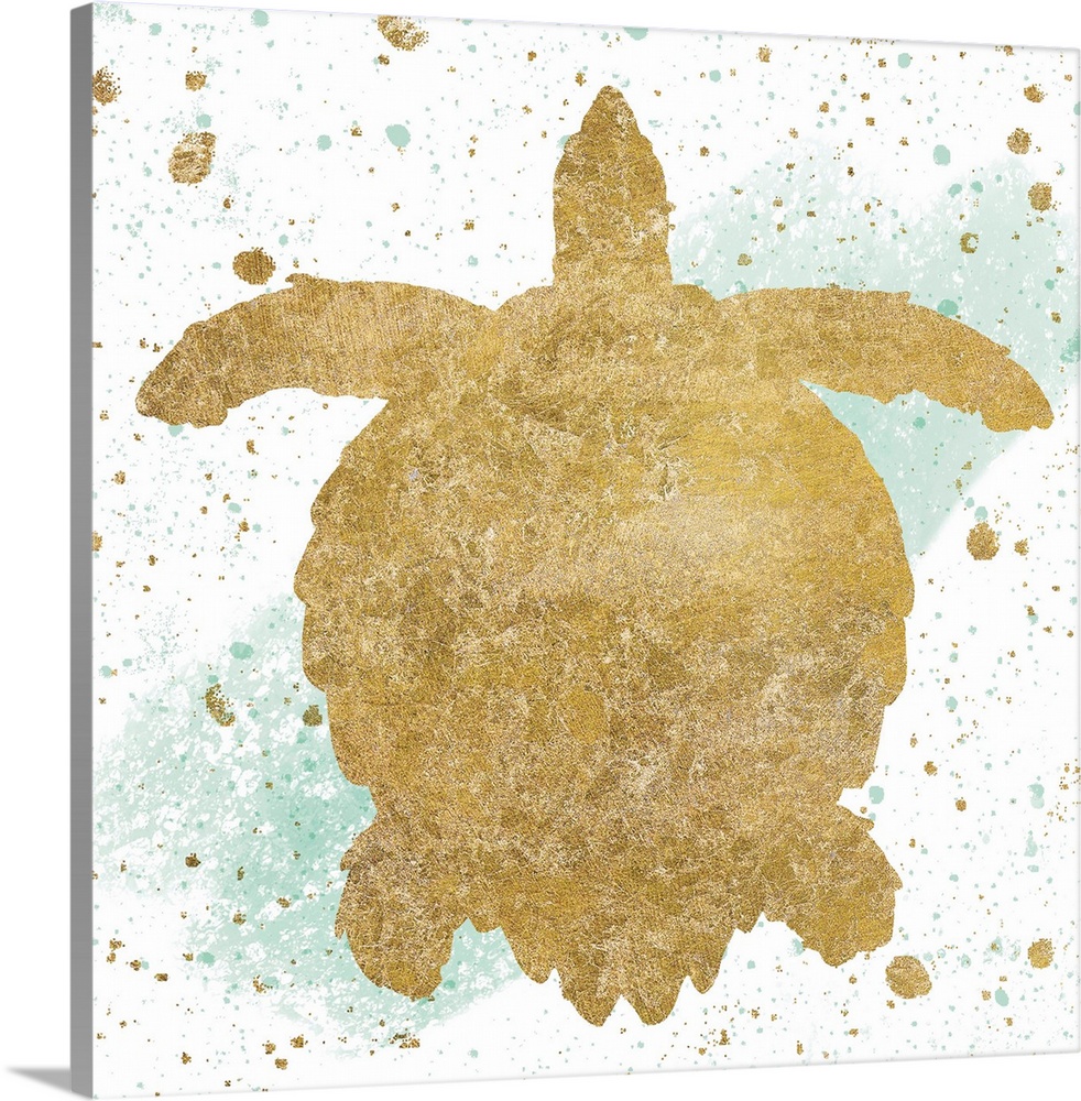 Square art with a metallic gold sea turtle on a white and sea foam green background with gold and sea foam green paint spl...