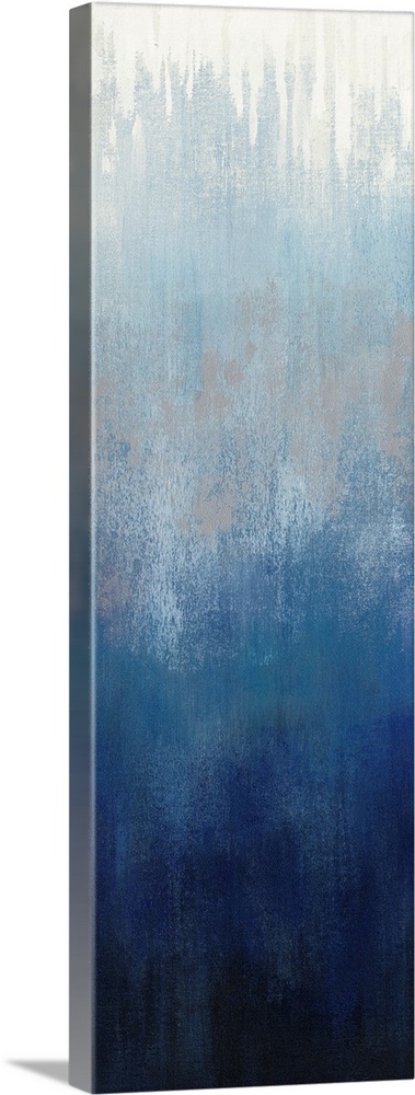 Abstract panel painting in shades of gray and blue getting darker towards the bottom.