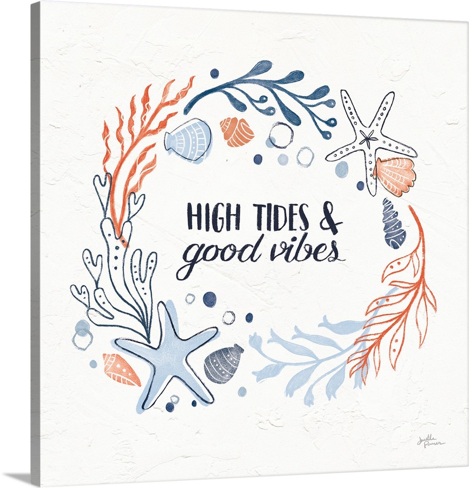 "High Tides and Good Vibes" with coral and blue ocean themed illustrations on a square white textured background.