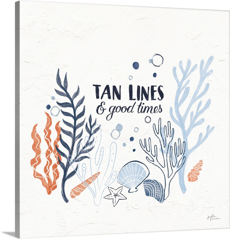 "Tan Lines and Good Times" with coral and blue ocean themed illustrations on a square white textured background.