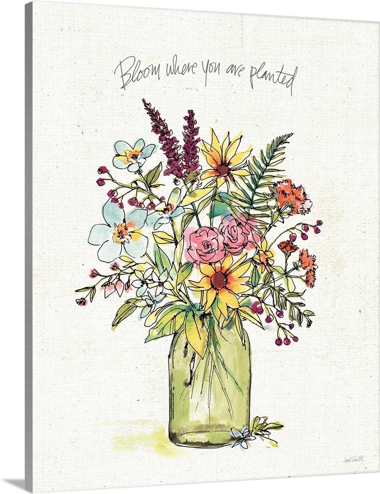 Vertical creative artwork of a vase of wildflowers with the text "Bloom where you are planted".