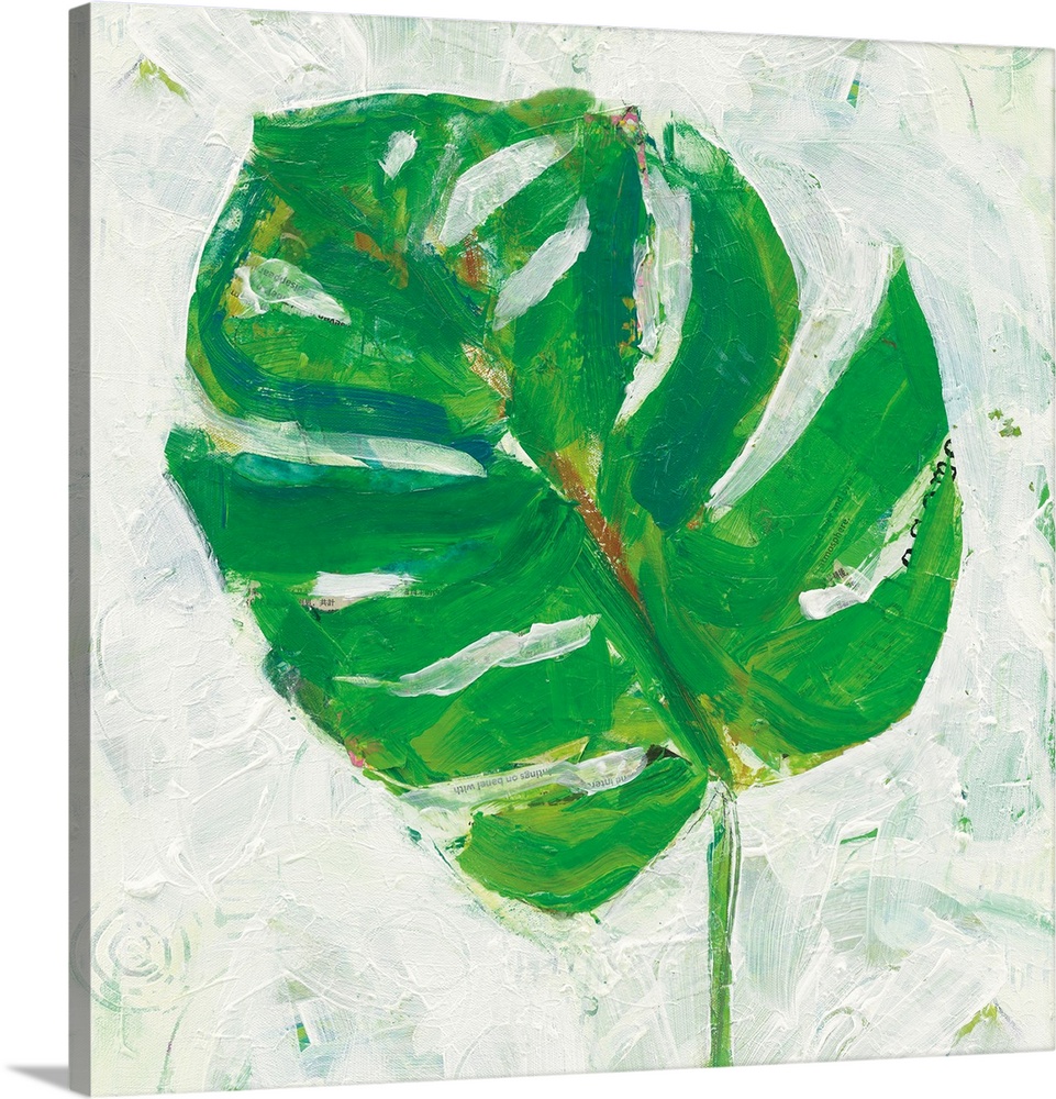 Square abstract painting of a big, green, tropical leaf on a white textured background.