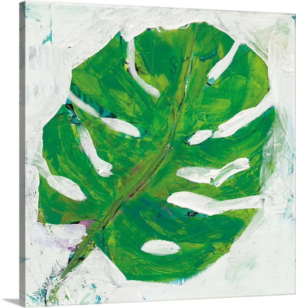 Square abstract painting of a big, green, tropical leaf on a white textured background with hints of blue and faint writing.