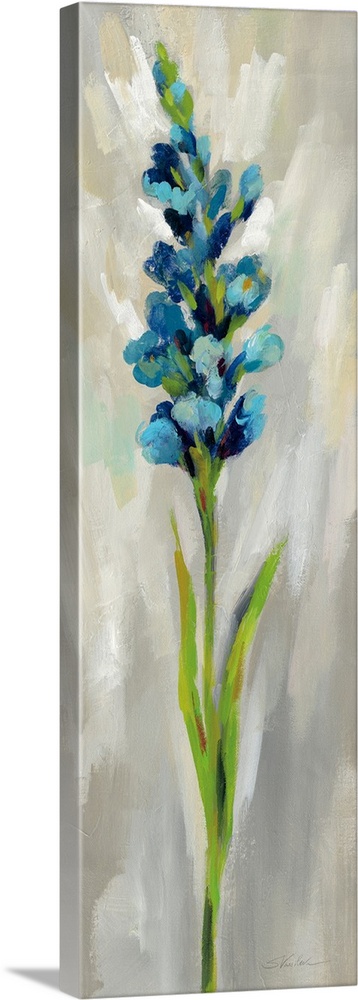 Long vertical contemporary painting of a blue delphinium with brush stoke textured background.