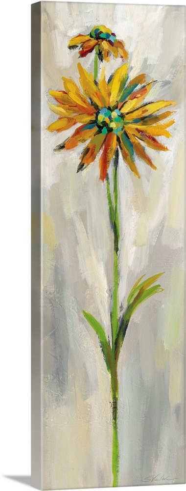 Long vertical contemporary painting of a yellow daisy with brush stoke textured background.