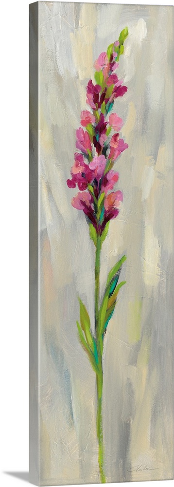 Long vertical contemporary painting of a pink gladiola with brush stoke textured background.