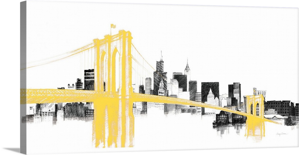 A horizontal design of the Brooklyn Bridge in gold with the city of New York in the background.
