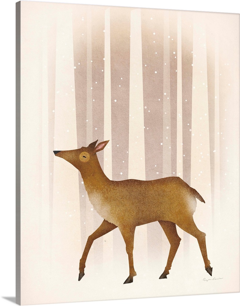 Illustration of a doe walking through snowy woods.