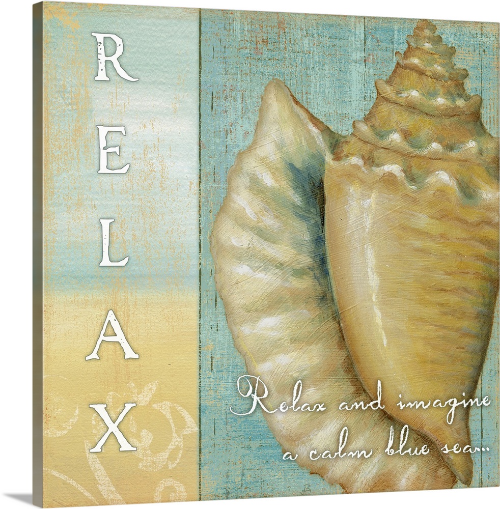 Conch shell drawing with Relax text and quote in cool colors.