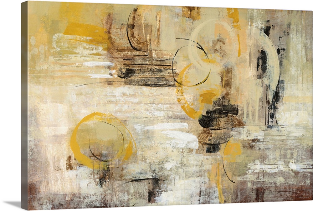 Rectangular abstract painting with vertical brushstrokes and sporadic painted circles creating movement throughout.
