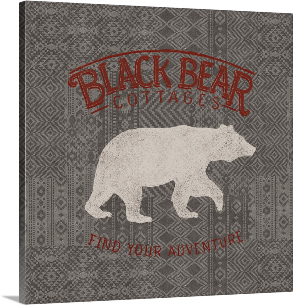 "Black Bear Cottages" "Find Your Adventure" written in red on a gray patterned background with a white silhouette of a bea...