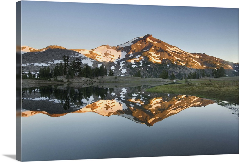 Photograph of the sunrise on South Sister from Lower Green Lake, Three Sisters Wilderness, Oregon