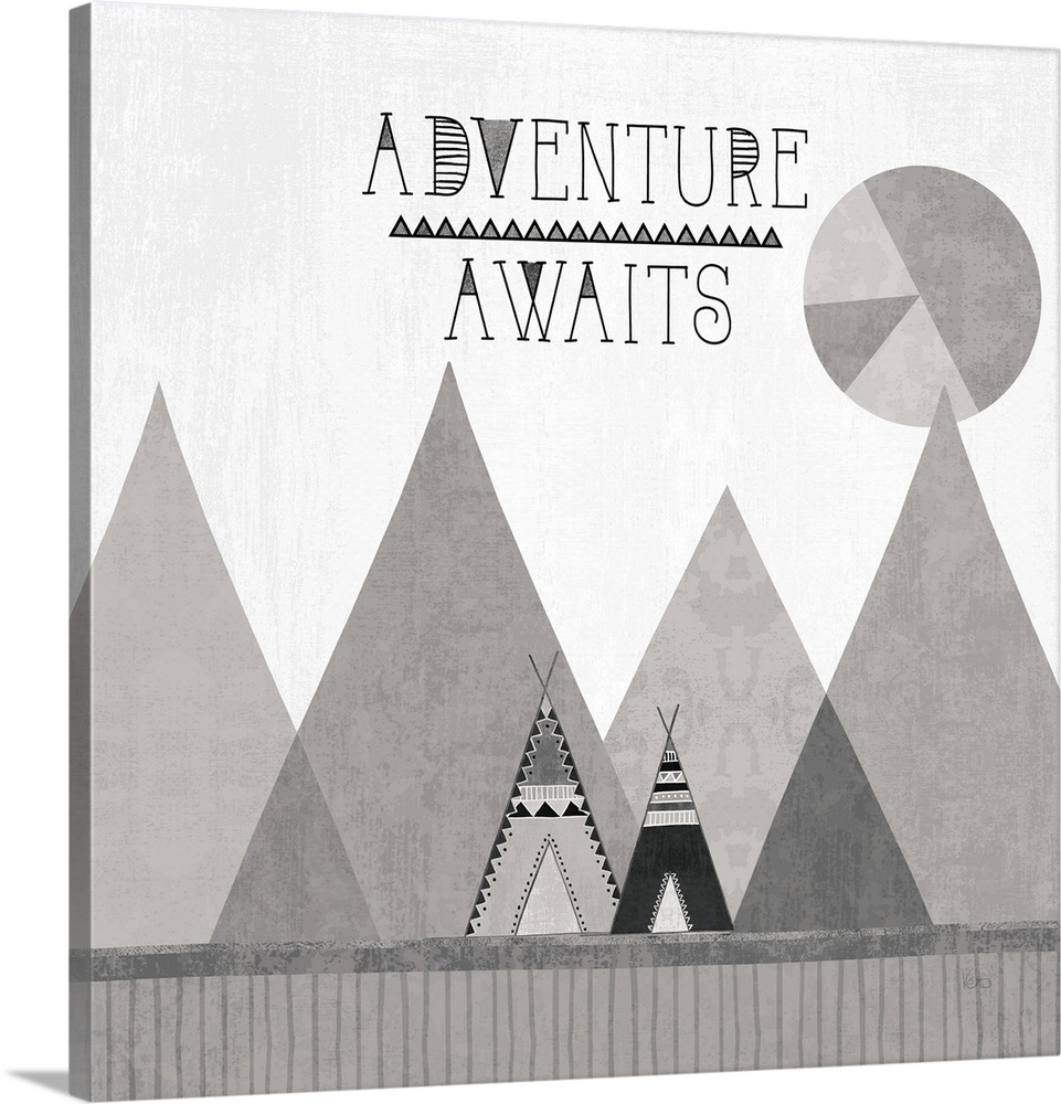 A square decorative design of tents along mountains with the text 'Adventure Awaits', all in grey tones.
