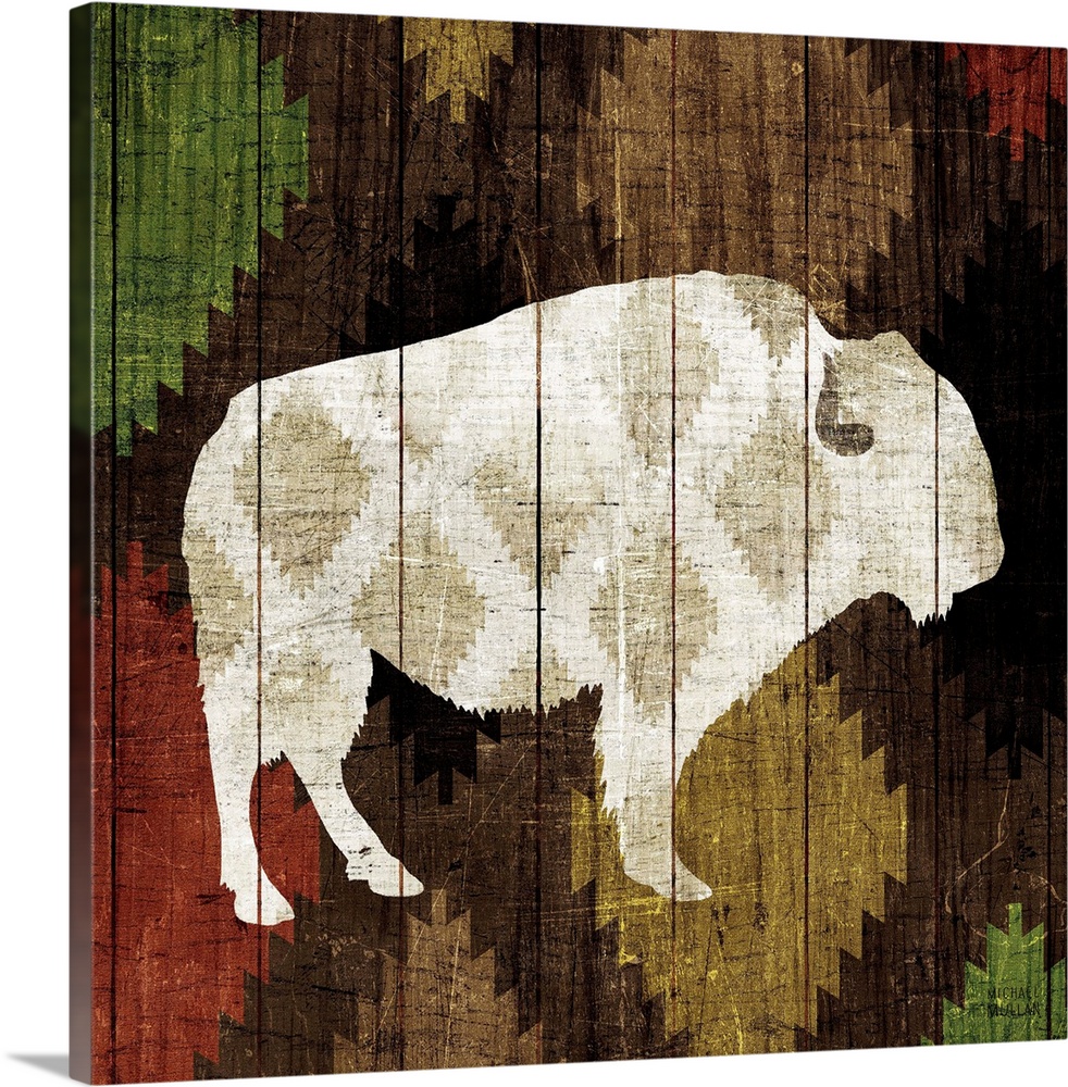 Artwork of a bison silhouette on a wooden panel, decorated with Southwestern shapes.