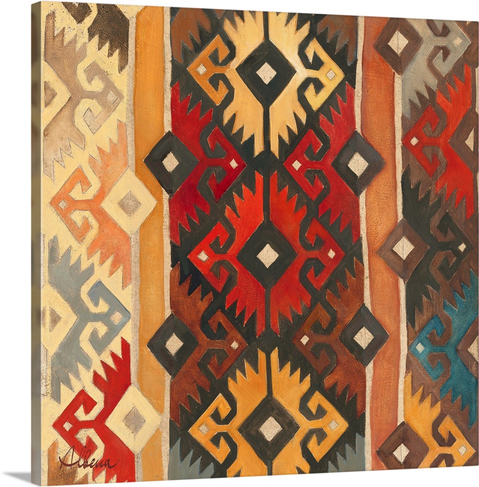 Contemporary artwork of a geometric tribal pattern in earth tones.